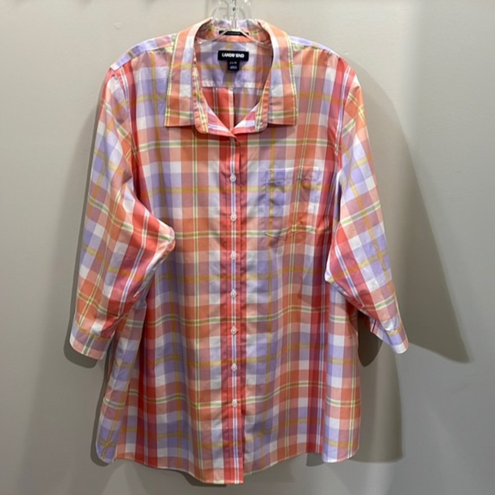1410 LAND’S END NWOT Plaid Shirt Size 26W Beautiful 🌸 Colors 100% Pima Cotton